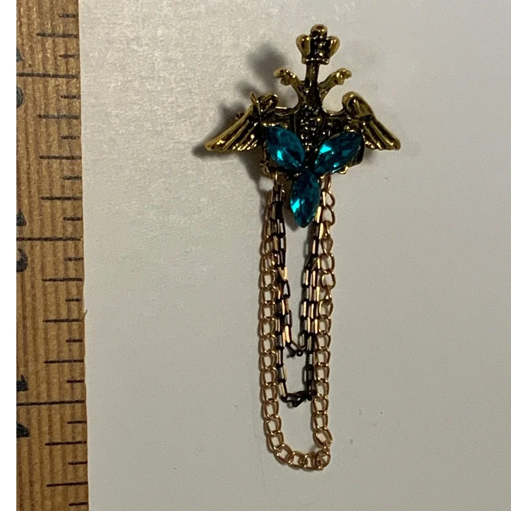 Gothic Double Headed Eagle Brooch Pin Blue Rhinestone Tassel Chain Winged